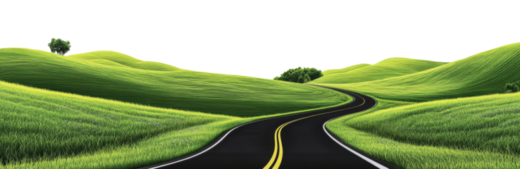 Winding road through lush green hills in daylight, cut out - stock png.