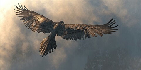 Fototapeta premium A bird of prey flies against a cloudy sky.