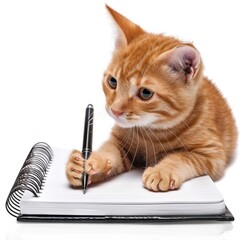 Red cat on a white background writes with a pen in a notepad
