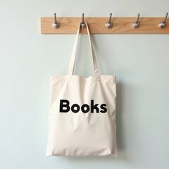 Vintage Tote Bag with Books Typography Hanging on Wall Hook