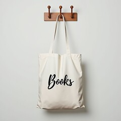 Vintage Tote Bag with Books Typography Hanging on Wall Hook