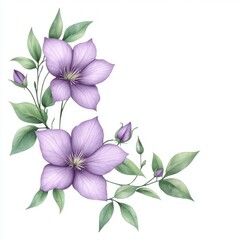 Delicate purple flower illustration with green leaves, perfect for floral designs, cards, and botanical art.