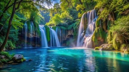 Waterfall cascading in a forest into a serene blue lake, waterfall, forest, blue lake, nature, serene, tranquil, scenery