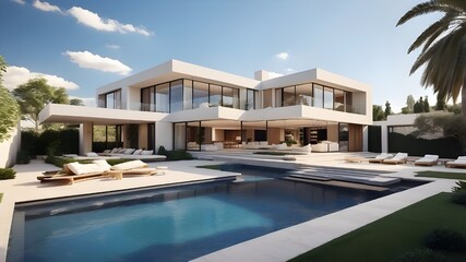 Fototapeta premium Gorgeous pictures of luxurious, contemporary homes with pools. AI generative.