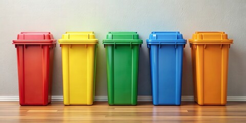 Colorful collection of garbage bins in various colors, garbage, bins, waste management, recycling, different
