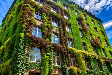 A building covered with lush green ivy under a bright blue sky. The vibrant greenery creates a natural, eco-friendly appearance, ideal for urban gardening, sustainability, and architecture themes.