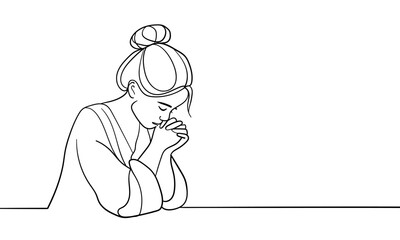 Girl praying with folded hands continuous line art drawing isolated on white background. Vector illustration