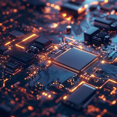 Obraz premium A close-up shot of a microchip circuit board, illustrating intricate details, technology
