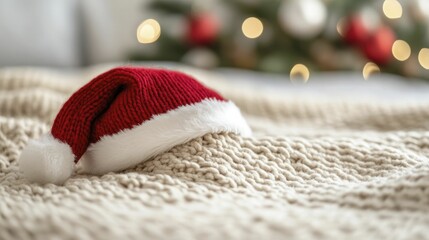 A Santa hat lies on a soft blanket, while cheerful decorations fill the room, creating a warm and inviting holiday atmosphere.