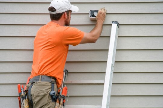 Handyman in Orange Shirt Installing Outdoor Security Camera on Residential Siding