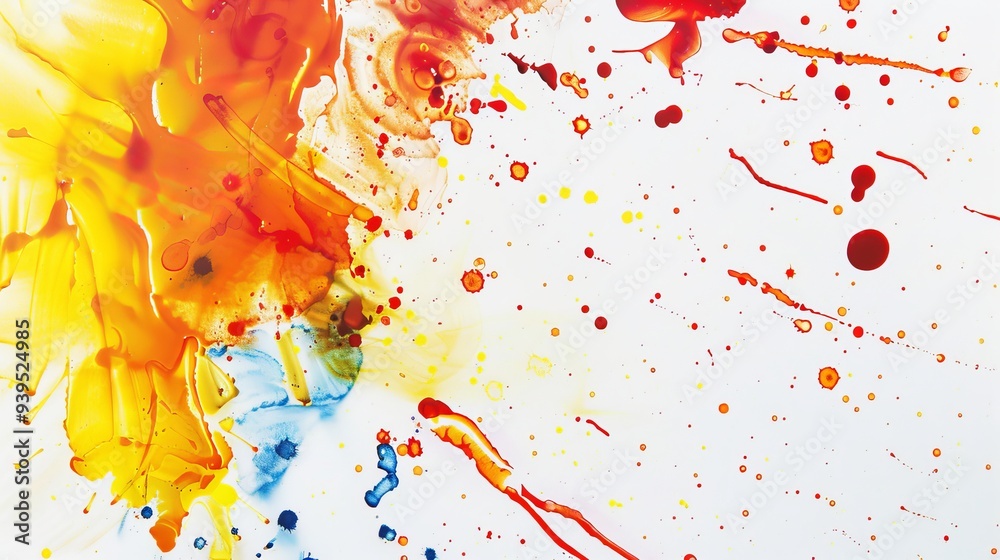 Poster A whimsical and playful image with bright red, yellow, and blue paint splashes scattered across a clean white background.