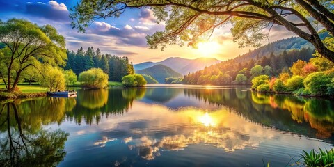 Soft sunlight filters through trees, casting gentle shadows on the forest floor, promoting a sense of calm serenity in the stillness of nature.