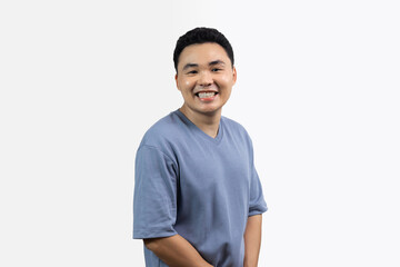 Portrait of man smile with blue shirt against white background