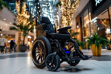 A powered wheelchair navigating a busy shopping mall, showcasing its ease of use in crowded spaces