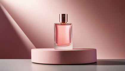 A Mockup of a plain pink perfume bottle neatly placed on a podium 