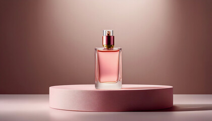 A Mockup of a plain pink perfume bottle neatly placed on a podium 