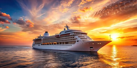 Luxury cruise ship setting sail from port at sunset, luxury, cruise ship, departure, sunset, port, ocean, vacation, travel