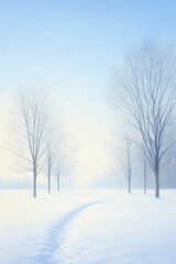 Obraz premium Winter chill embraced by a tranquil scene, where frosted trees stand tall and a soft layer of snow blankets the earth.