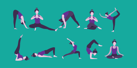 Flat Design of Woman in Various Yoga Poses