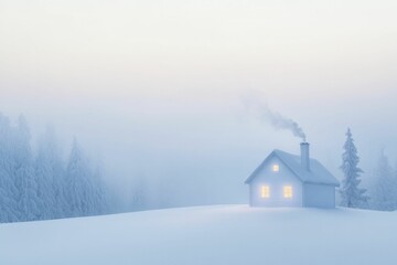 Winter warmth surrounding a snug cabin tucked away in the snow, smoke rising from the chimney and festive lights shimmering.