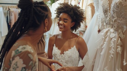 A bride and her friends selecting wedding dresses in a stylish boutique, trying on different styles and accessories