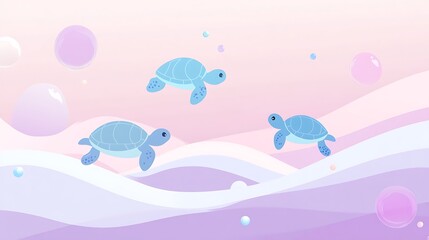 Fototapeta premium Whimsical Cartoon Landscape with Playful Blue Turtles in Lavender Waters