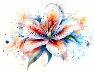 Fototapeta premium A vibrant watercolor illustration of a lily flower, showcasing its delicate petals and bold colors against a splashy background.