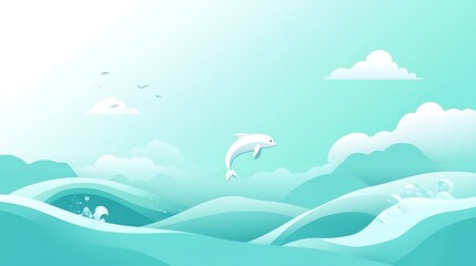 Fototapeta premium Whimsical Cartoon Seascape with Playful Dolphins - Vector Minimalist Design in Turquoise Tones