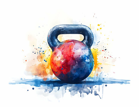 A vibrant watercolor painting of a kettlebell, symbolizing strength and fitness. Perfect for workout and health themes.