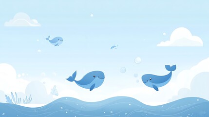 Minimalist Cartoon Vector Landscape with Playful Blue Whales Breaching in Pale Blue Sea - Cute and Serene Illustration