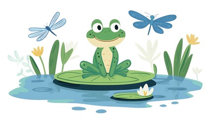 Fototapeta premium Cheerful Frog on Lily Pad in Children's Book Style Illustration