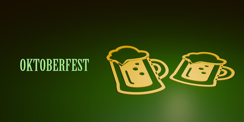 Octoberfest 3d poster. Logo and three beer mugs on wooden barrel with autumn leaves. Traditional german beer festival. Template background banner.