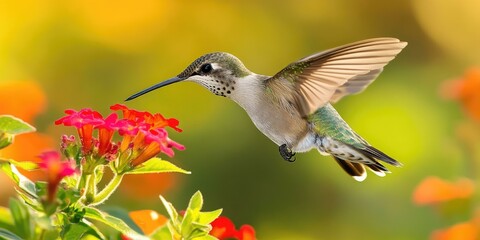 Fototapeta premium A hummingbird hovers near red flowers.