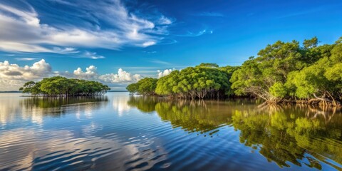Obraz premium Tranquil view of mangrove swamp in Bahia, Brazil with horizon in background, mangrove, swamp, coast, Bahia, Brazil, tranquil