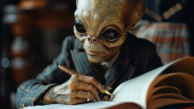Alien scholar studying ancient texts in a cozy library
