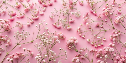 Fototapeta premium Beautiful flat lay of pink gypsophila flowers, creating a floral pattern background , pink, gypsophila, flowers