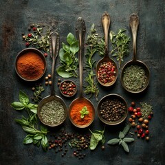 Antique Spoons Filled with Herbs and Spices on a Dark Background - Still Life Food Photography