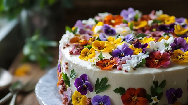 Natural flower cake with fresh edible flowers such as roses, violets, daisies