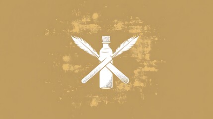 Elegant Symmetrical Logo Design with Crossed Quills and Ink Bottle on Gold Background in Vector Style