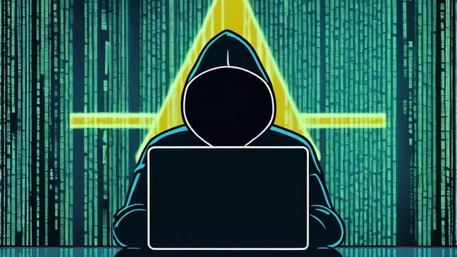 Anonymous Computer Hacker attacking internet Hacking malware concept. Hacker abstract laptop binary code digital interface. triangular logo. Virus, Spyware, Malware Malicious software. Cyber