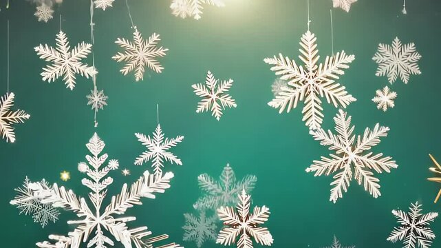 snowflakes on a green background, creating a feeling of a winter festive atmosphere