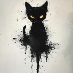 Artistic illustration of a black cat with striking orange eyes and dynamic paint splashes, perfect for modern decor.