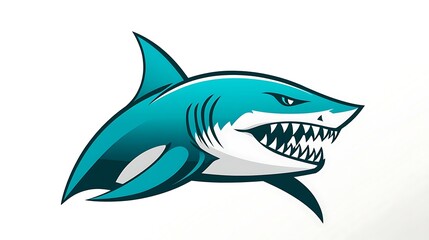 Obraz premium Dynamic Shark Logo Vector Design for Water Sports Team - Aggressive Shark Head Mascot in Profile View with Teal Accents on White Background