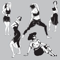 women silhouettes set dancing black and white comics cartoon