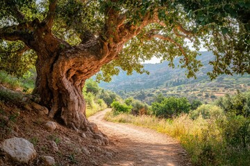 Fototapeta premium Israeli Countryside. Old Carob Tree Along Forest Path in Jerusalem