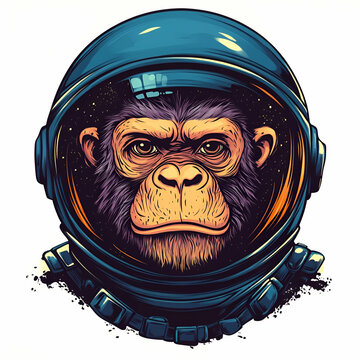 A detailed illustration of a monkey wearing a space helmet, showcasing a playful blend of wildlife and cosmic exploration.