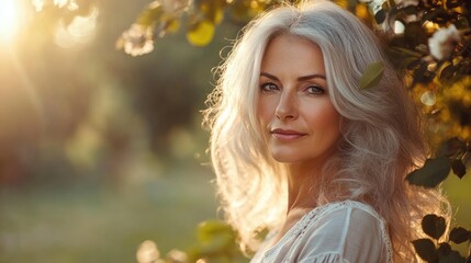 Fototapeta premium Older Woman Nice Hair. Elegant Senior Female Poses Outdoors in Sunlight