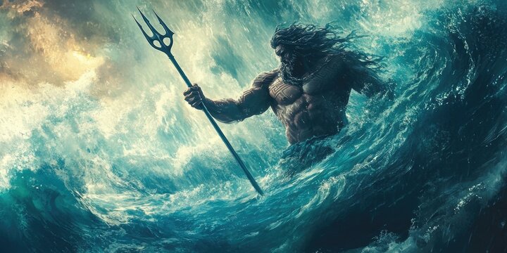 A god of the sea with a trident, amidst stormy