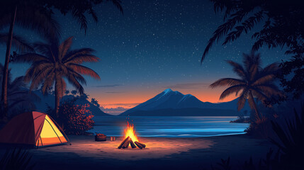Tropical Beach Night Camping with Campfire Under Starry Sky and Mountains in Background