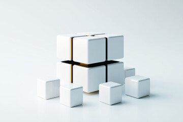 Obraz premium A large cube in the center with other smaller cubes around it, all on a white background, emphasizing the concept of focus.